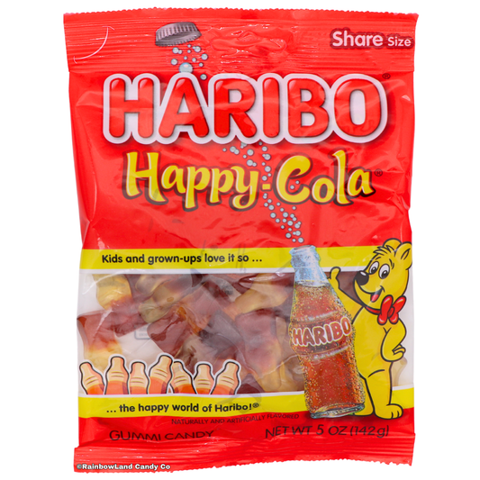 Red Haribo Happy-Cola gummy candy bag featuring cola bottle-shaped gummies in brown and yellow, with a Haribo bear mascot holding a fizzy cola bottle graphic.