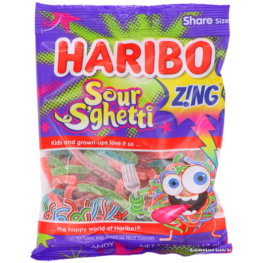 Haribo Sour S'ghetti gummy candy, 5 oz bag in purple and red packaging with sour sugar-coated gummy strands in strawberry, blueberry, green apple, and watermelon visible through the front window.
