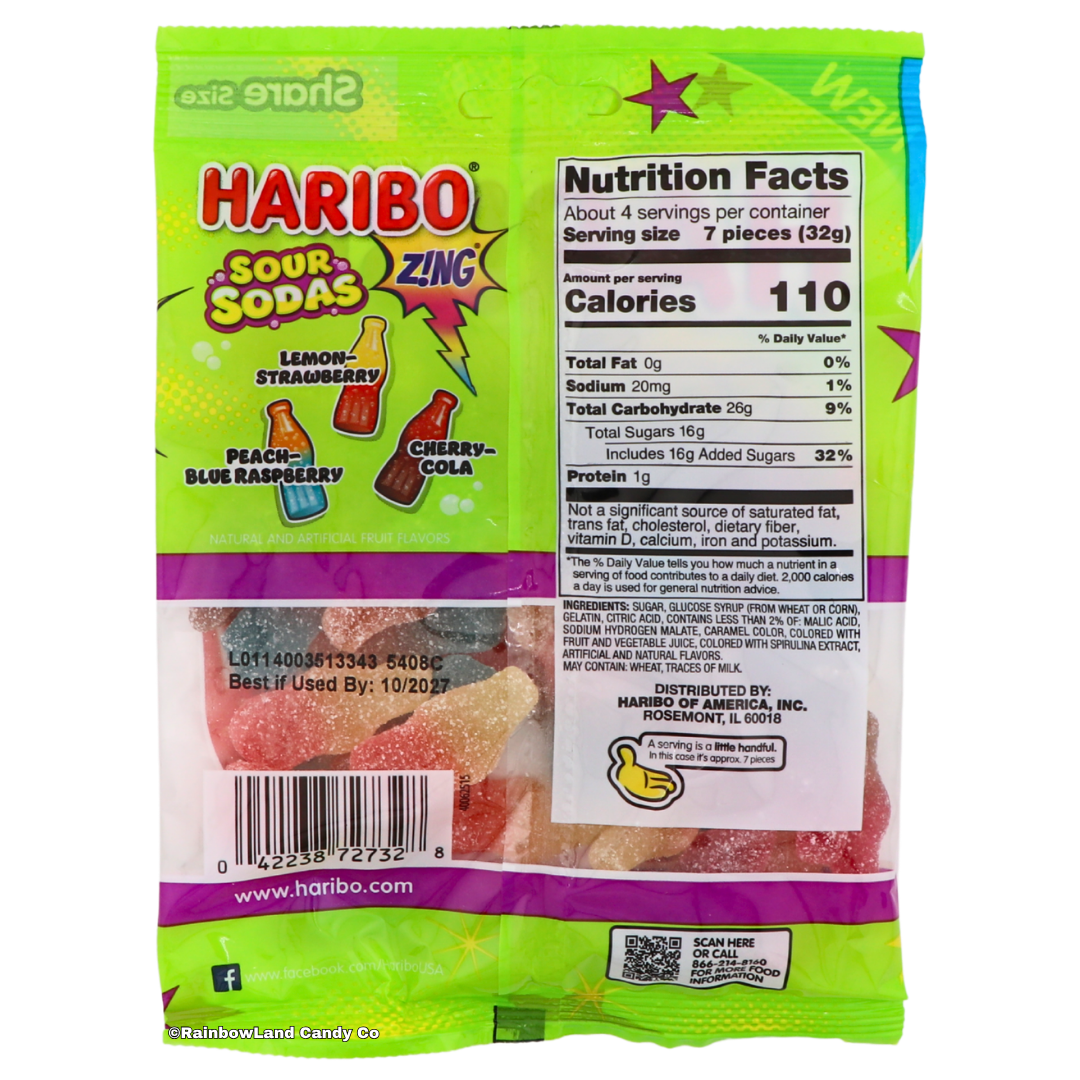 Back of Haribo Sour Sodas Zing bag showing the nutrition facts panel, ingredient list, and a clear window displaying the colorful sour-coated gummy soda bottle candies.