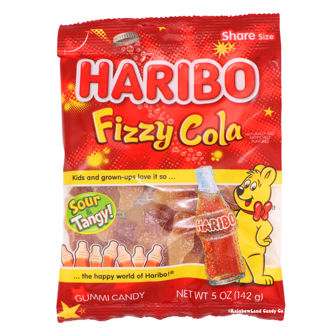 A red Haribo Fizzy Cola Share Size bag of sour and tangy gummy candy shaped like cola bottles, featuring the Haribo bear mascot and a fizzy cola bottle graphic, net weight 5 oz (142g), sold by RainbowLand Candy Co.