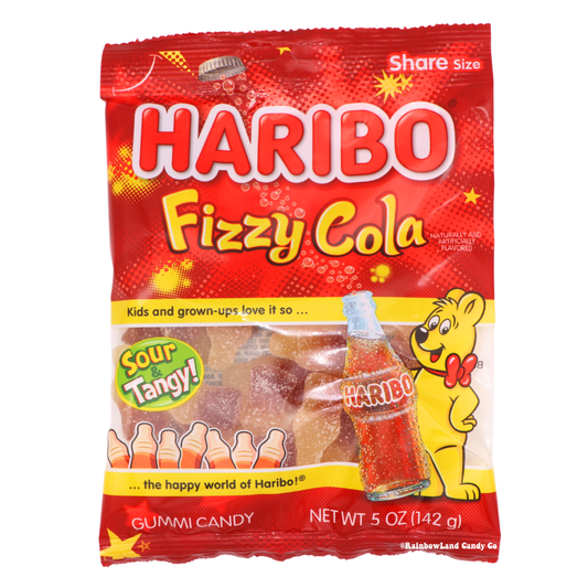 A red Haribo Fizzy Cola Share Size bag of sour and tangy gummy candy shaped like cola bottles, featuring the Haribo bear mascot and a fizzy cola bottle graphic, net weight 5 oz (142g), sold by RainbowLand Candy Co.