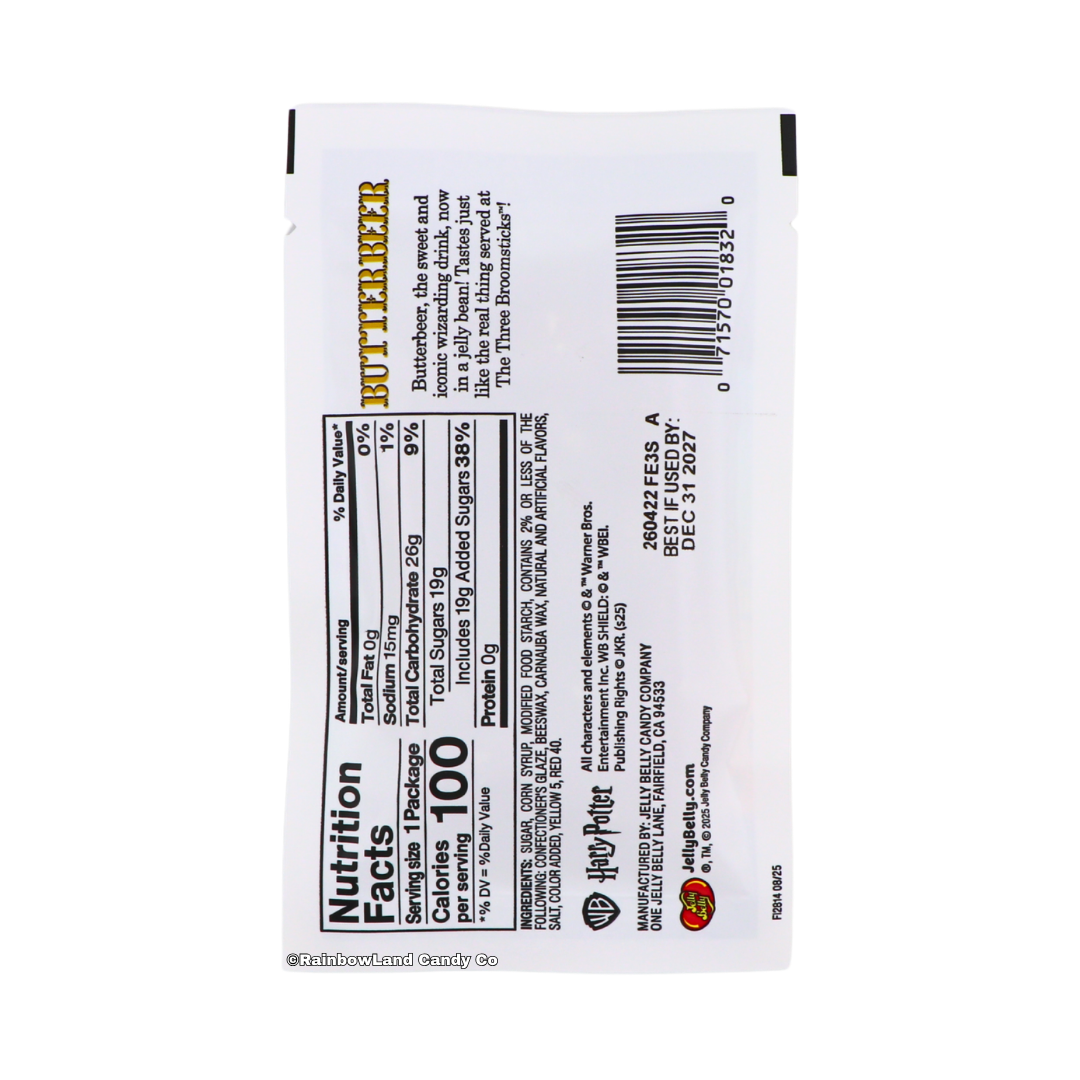 Back of Jelly Belly Harry Potter Butterbeer Jelly Beans package showing Nutrition Facts, ingredients, and Butterbeer flavor description, sold by RainbowLand Candy Co.