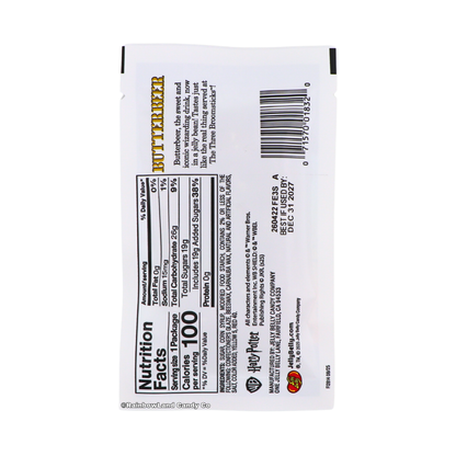 Back of Jelly Belly Harry Potter Butterbeer Jelly Beans package showing Nutrition Facts, ingredients, and Butterbeer flavor description, sold by RainbowLand Candy Co.