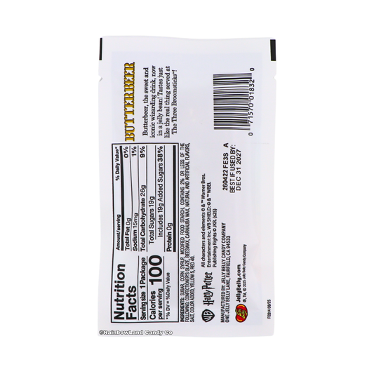 Back of Jelly Belly Harry Potter Butterbeer Jelly Beans package showing Nutrition Facts, ingredients, and Butterbeer flavor description, sold by RainbowLand Candy Co.