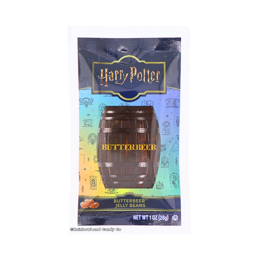 Harry Potter Butterbeer Jelly Beans by Jelly Belly, holographic wood barrel graphic with Hogwarts house icons on a dark background, 1oz bag
Option 2: Front packaging of Jelly Belly Harry Potter Butterbeer flavored jelly beans, featuring a brown wooden barrel design and gold foil Harry Potter logo.