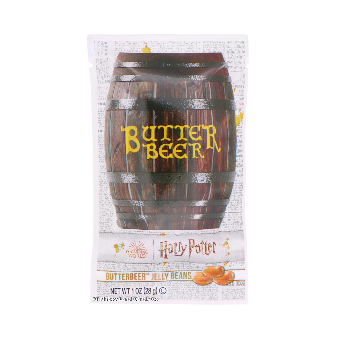 Harry Potter Butterbeer Jelly Beans 1oz officially licensed Wizarding World candy bag featuring a Butterbeer barrel design with Harry Potter and Wizarding World branding and golden Butterbeer jelly beans shown at the bottom.