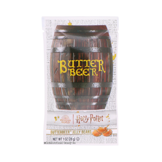 Harry Potter Butterbeer Jelly Beans 1oz officially licensed Wizarding World candy bag featuring a Butterbeer barrel design with Harry Potter and Wizarding World branding and golden Butterbeer jelly beans shown at the bottom.