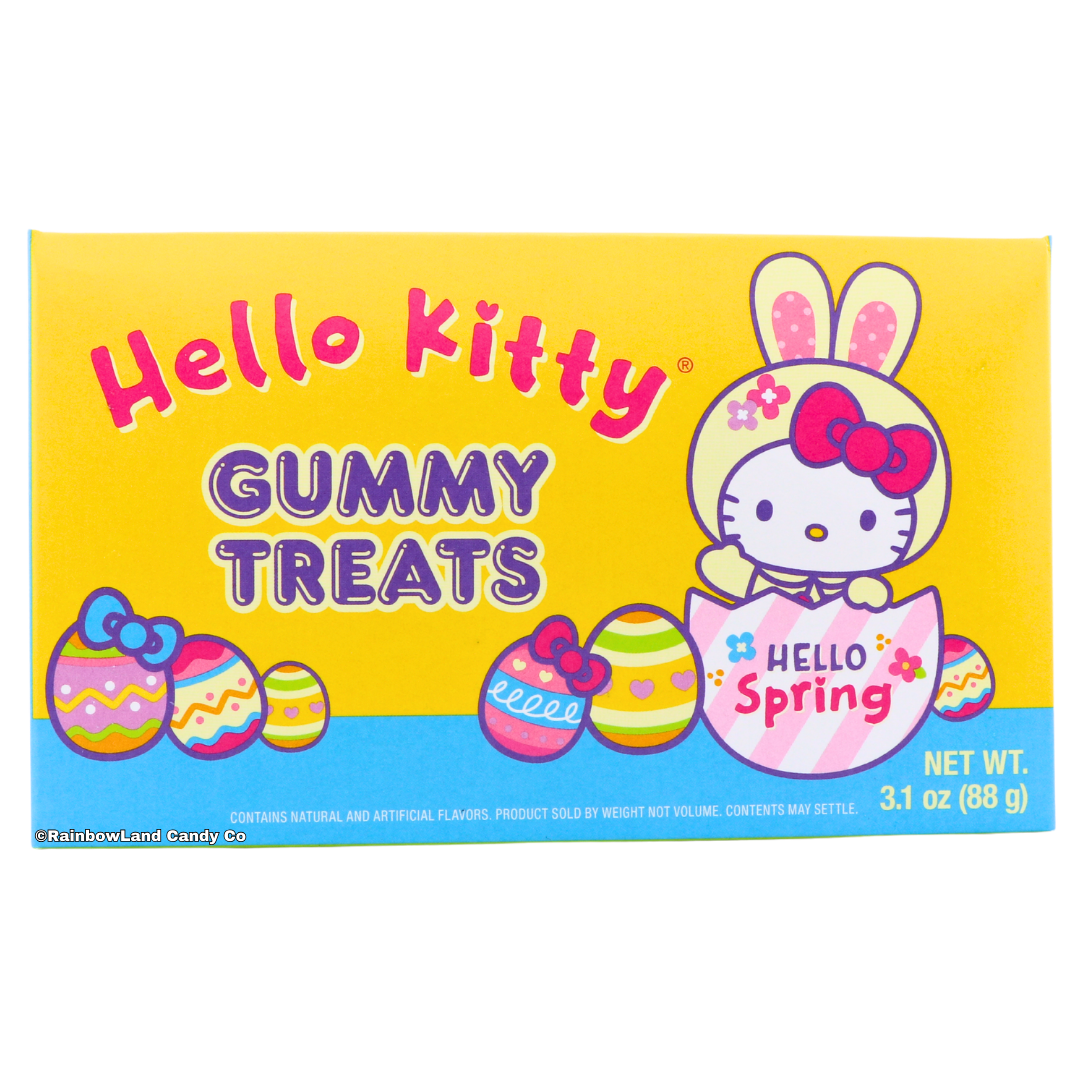 Hello Kitty Easter Gummy Treats theater box, spring-themed candy packaging with Hello Kitty bunny design and Easter eggs, 3.1 oz box of Hello Kitty face-shaped gummies in apple, strawberry, pineapple, and orange flavors.