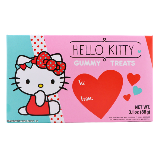 Hello Kitty Valentine Gummy Treats candy box featuring Hello Kitty artwork, heart-shaped To and From label, and fruit-flavored gummy candy, 3.1 ounce package.
