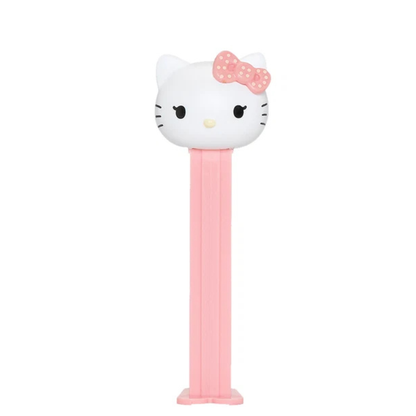 Hello Kitty & Friends PEZ dispenser featuring Hello Kitty with a pink polka dot bow, pink dispenser, sold by RainbowLand Candy Co.