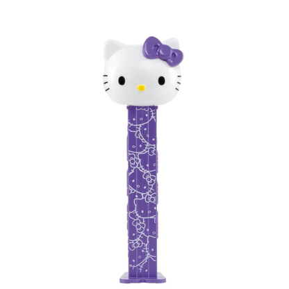 Hello Kitty & Friends PEZ dispenser featuring Hello Kitty with a purple bow, purple dispenser with a white Hello Kitty pattern, sold by RainbowLand Candy Co.