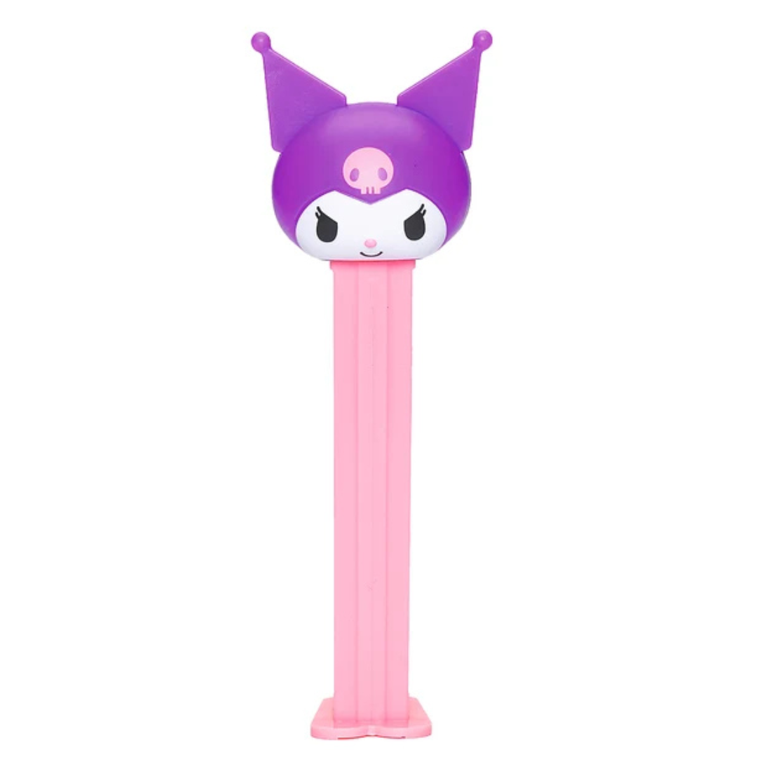 Hello Kitty & Friends Kuromi PEZ dispenser with a purple devil-eared hood and pink skull detail, pink dispenser, sold by RainbowLand Candy Co.
