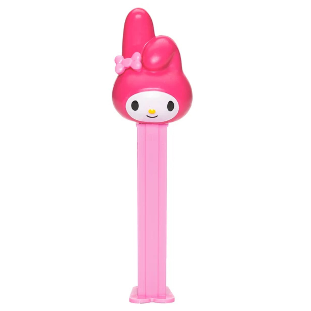 Hello Kitty & Friends My Melody PEZ dispenser with a pink hooded bunny head design and pink bow, pink dispenser, sold by RainbowLand Candy Co.