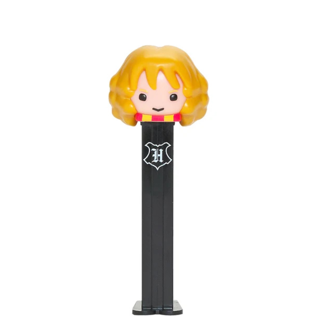 Hermione Granger PEZ dispenser from Harry Potter, curly blonde hair, red and yellow house scarf, black dispenser with Hogwarts crest.