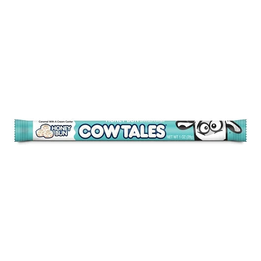 Teal 1 oz Honey Bun Cow Tale candy wrapper featuring a honey bun graphic and the Cow Tale mascot, labeled caramel with a cream center.