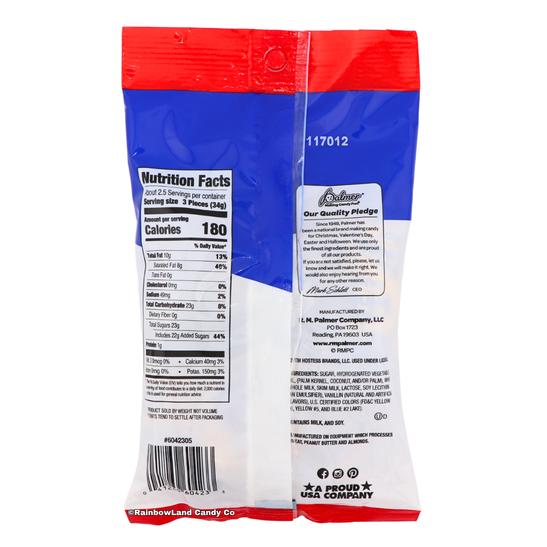 Back of Hostess Twinkies Mini Candy Pieces bag showing the nutrition facts panel, ingredient list, and Palmer's Quality Pledge brand messaging.