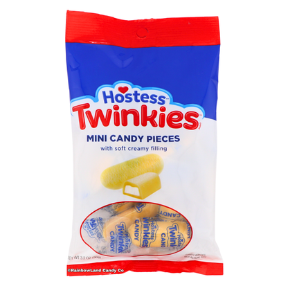 Blue, white, and red Hostess Twinkies Mini Candy Pieces bag featuring the Hostess Twinkies logo, an image of a sponge cake with creamy filling, and a window showing individually wrapped mini candy pieces, net weight 3.2 oz (90g).