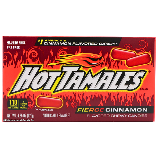 Hot Tamales Fierce Cinnamon theater box 4.25oz gluten-free fat-free chewy cinnamon flavored candy, America's number one cinnamon candy.