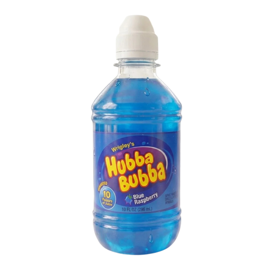 Hubba Bubba Blue Raspberry Flavored Water bottle in vivid blue with a purple and blue Hubba Bubba label, Wrigley's branding, 10 fl oz (296 mL) bottle.