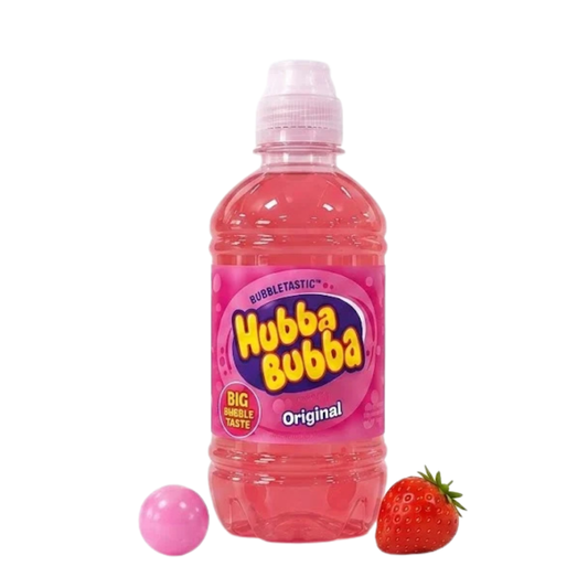 Hubba Bubba Outrageous Original Flavored Water bottle in bright pink with a pink and purple bubblegum-print label, shown beside a pink gumball and a strawberry, 10 fl oz bottle.