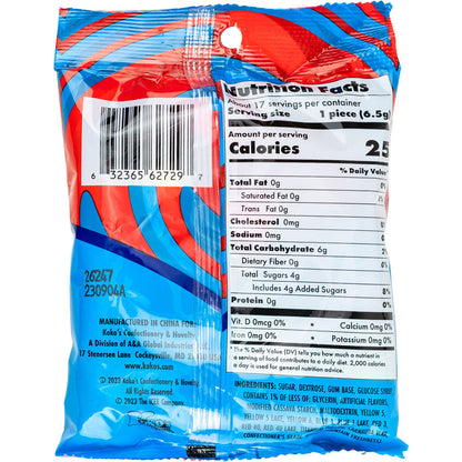 Back of 4 oz ICEE Gumballs bag showing nutrition facts with approximately 17 servings per container and ingredient list, manufactured by Koko's Confectionery & Novelty for the ICEE Company.
