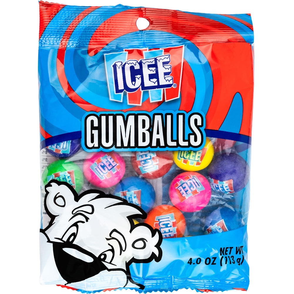 Blue and red 4 oz ICEE Gumballs bag featuring colorful assorted fruit-flavored gumballs with the ICEE logo stamped on each piece and the ICEE polar bear mascot on the front.