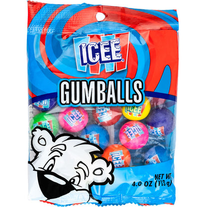 Blue and red 4 oz ICEE Gumballs bag featuring colorful assorted fruit-flavored gumballs with the ICEE logo stamped on each piece and the ICEE polar bear mascot on the front.