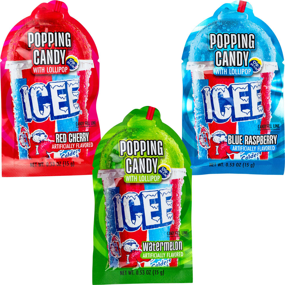 ICEE Popping Candy with Lollipop Dip-N-Lik 0.53oz officially licensed candy in three flavors — red cherry in red, blue raspberry in blue, and watermelon in green — each featuring popping candy with a dip-and-lick lollipop.