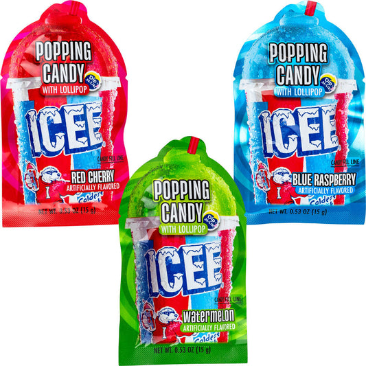 ICEE Popping Candy with Lollipop Dip-N-Lik 0.53oz officially licensed candy in three flavors — red cherry in red, blue raspberry in blue, and watermelon in green — each featuring popping candy with a dip-and-lick lollipop.
