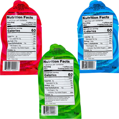 ICEE Popping Candy with Lollipop Dip-N-Lik 0.53oz nutrition facts showing 60 calories per serving in three flavors — red cherry, blue raspberry, and watermelon — with popping candy and lollipop ingredients listed.