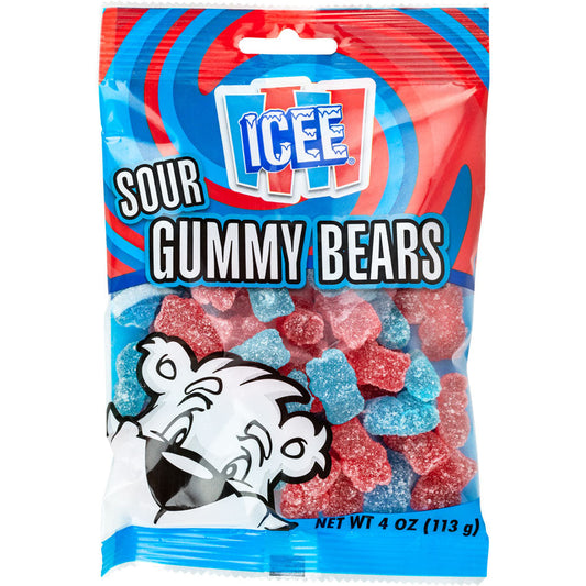 ICEE Sour Gummy Bears candy bag featuring red and blue sugar-coated gummy bears with ICEE brand logo and polar bear mascot artwork, 4 oz bag packaging.