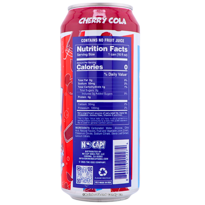 Back of ICEE Cherry Cola No Cap Soda Pop can showing the nutrition facts panel, ingredient list, "Contains No Fruit Juice" note, and No Cap Soda Pop distributor information.