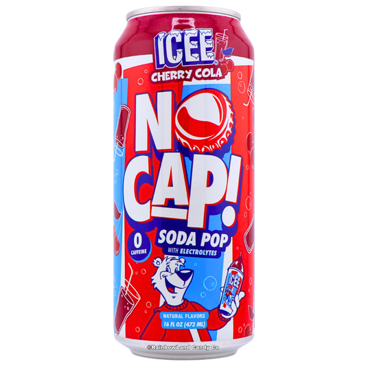 Red and blue ICEE Cherry Cola No Cap Soda Pop can featuring the ICEE polar bear mascot, "No Cap! Soda Pop with Electrolytes" branding, 0 caffeine, natural flavors, 16 fl oz (473 mL).