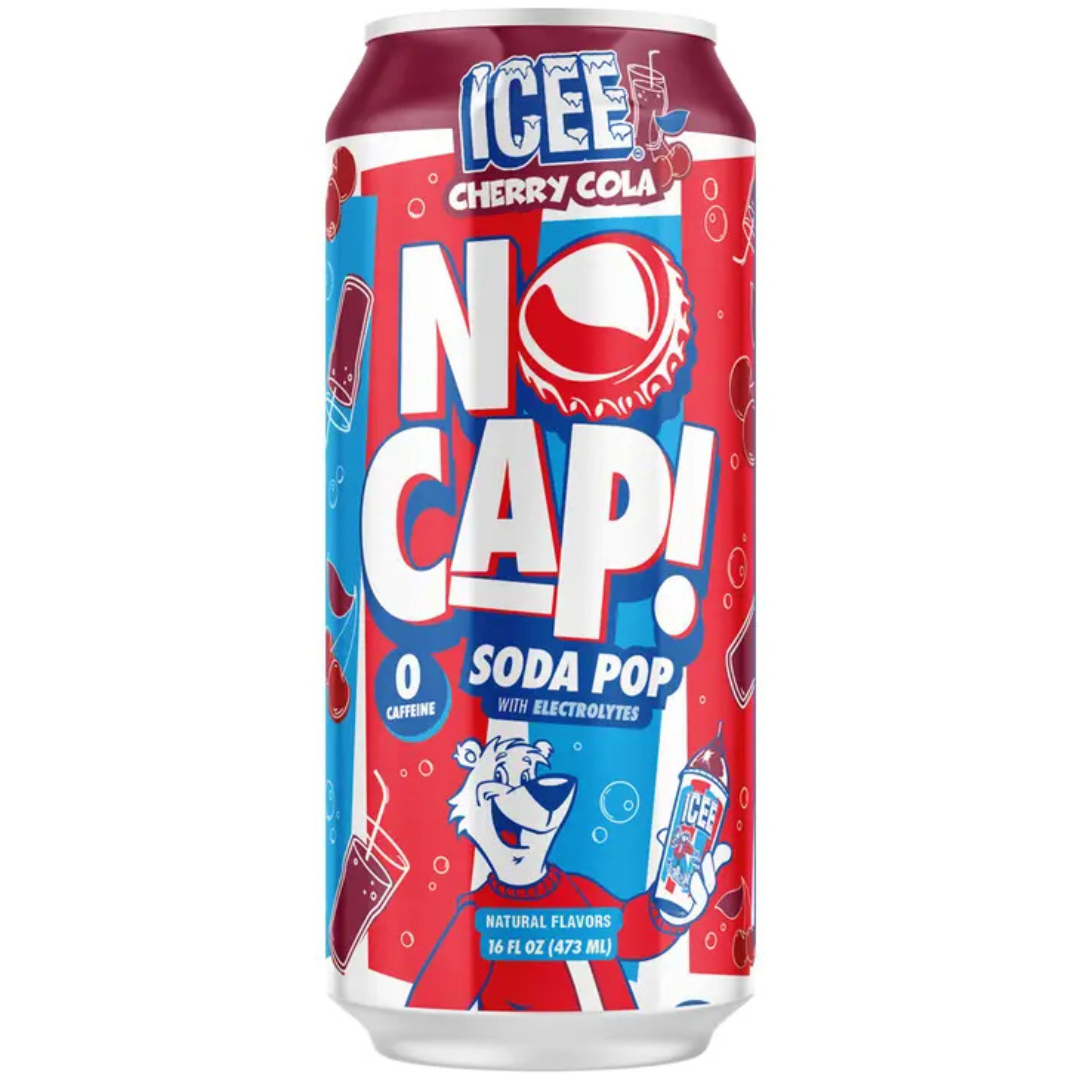 Red and blue ICEE Cherry Cola Soda Pop can featuring the ICEE bear mascot and "No Cap!" graphic, with cherry and soda glass illustrations, labeled 16 fl oz with electrolytes and zero caffeine.
