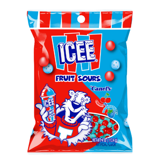 ICEE Fruit Sours by Canel's, 4 oz bag in red and blue packaging with the ICEE polar bear mascot and small round Cherry (red) and Blue Raspberry (blue) sour candy pieces shown on the front.