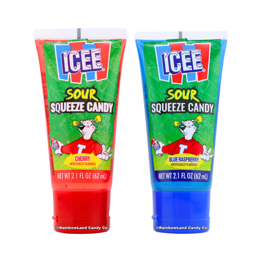 ICEE Sour Squeeze Candy, 2.1 fl oz tube in green packaging with the ICEE polar bear mascot, available in Cherry (red tube) or Blue Raspberry (blue tube), with flavor randomly selected.