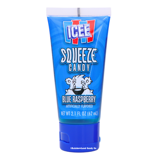 ICEE Squeeze Candy tube in blue raspberry flavor, featuring the ICEE logo and polar bear mascot artwork.