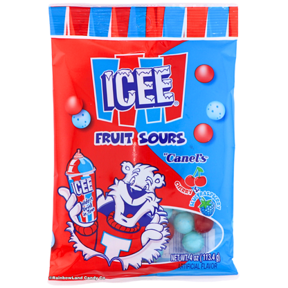 ICEE Fruit Sours by Canel's bag, 4 oz, featuring the ICEE polar bear mascot holding an ICEE cup on a split red and blue background, with round cherry and blue raspberry sour balls visible through the front window.