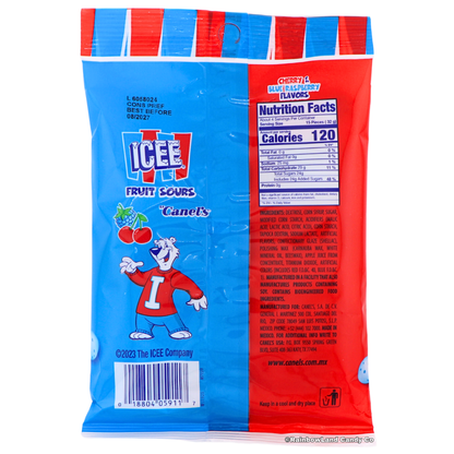 Back of ICEE Fruit Sours by Canel's bag showing nutrition facts for a 15-piece serving, ingredients list, ICEE bear mascot, and Canel's manufacturer information with a "Cherry & Blue Raspberry Flavors" callout.