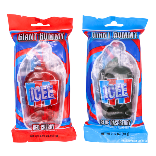 ICEE Giant Gummy candy in red and blue packaging, showing two flavors — Red Cherry and Blue Raspberry — each gummy molded into the shape of an Icee cup with the ICEE logo, net weight 2.12 oz each.
