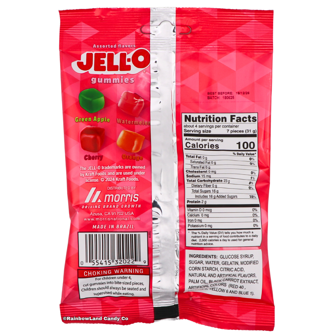 Back of the Jell-O Gummies Assorted Flavors bag showing the four included flavors labeled Green Apple, Watermelon, Cherry, and Orange, along with nutrition facts and ingredients.
