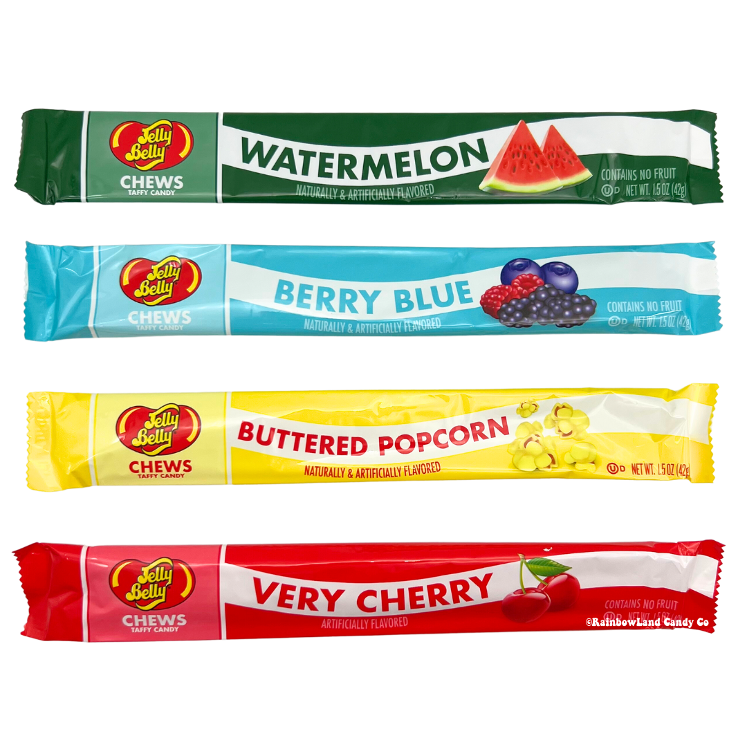 Jelly Belly Chews Taffy Candy in four flavors — green Watermelon, blue Berry Blue, yellow Buttered Popcorn, and red Very Cherry — each labeled with corresponding fruit or popcorn graphics, net weight 1.5 oz each.