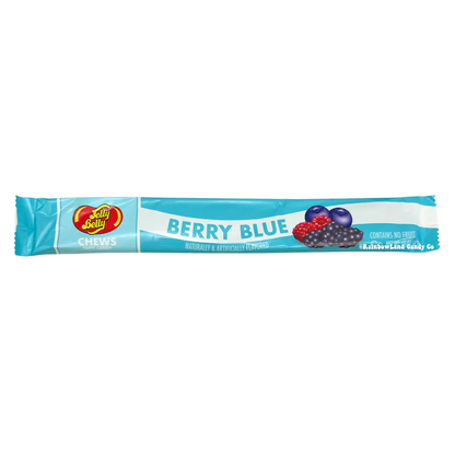 Jelly Belly Chews Taffy Candy, Berry Blue flavor, teal wrapper with raspberry and blueberry graphics, net weight 1.5 oz.