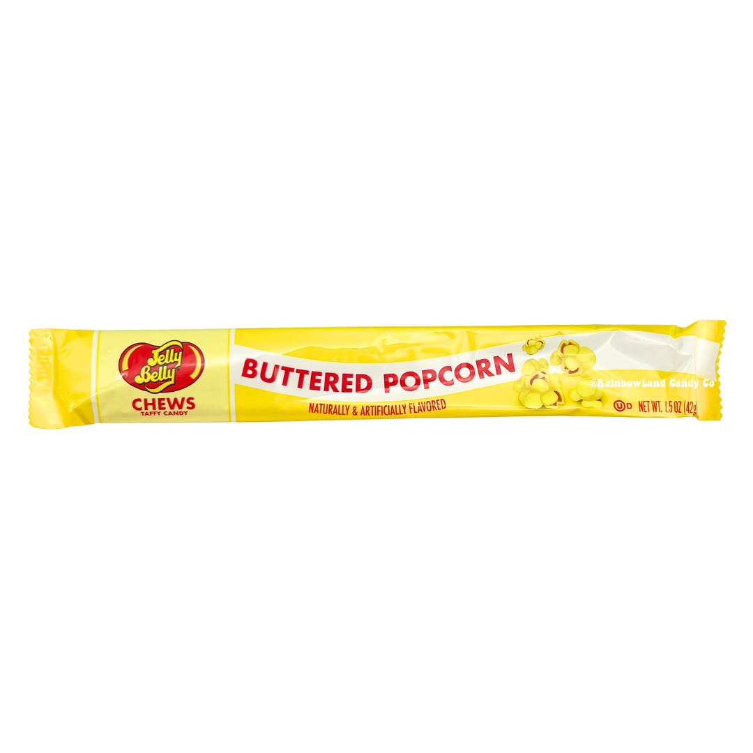Jelly Belly Chews Taffy Candy, Buttered Popcorn flavor, yellow wrapper with popcorn kernel graphics, net weight 1.5 oz.