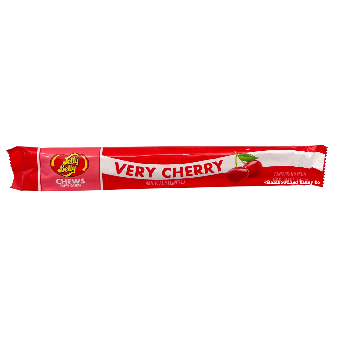 Jelly Belly Chews Taffy Candy, Very Cherry flavor, red wrapper with cherry graphics, net weight 1.5 oz.