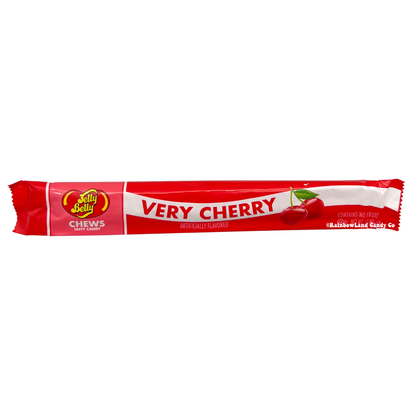 Jelly Belly Chews Taffy Candy, Very Cherry flavor, red wrapper with cherry graphics, net weight 1.5 oz.