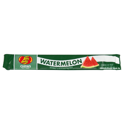Jelly Belly Chews Taffy Candy, Watermelon flavor, green wrapper with watermelon slice graphics, "Contains No Fruit" label, net weight 1.5 oz.