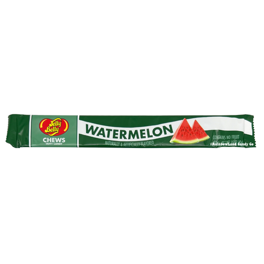 Jelly Belly Chews Taffy Candy, Watermelon flavor, green wrapper with watermelon slice graphics, "Contains No Fruit" label, net weight 1.5 oz.