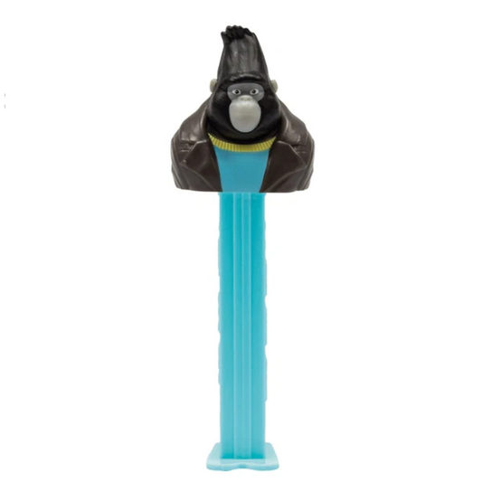 Johnny PEZ dispenser from Sing 2, gorilla character with a black quiff hairstyle, brown leather jacket over a blue and yellow sweater, light blue candy stem.