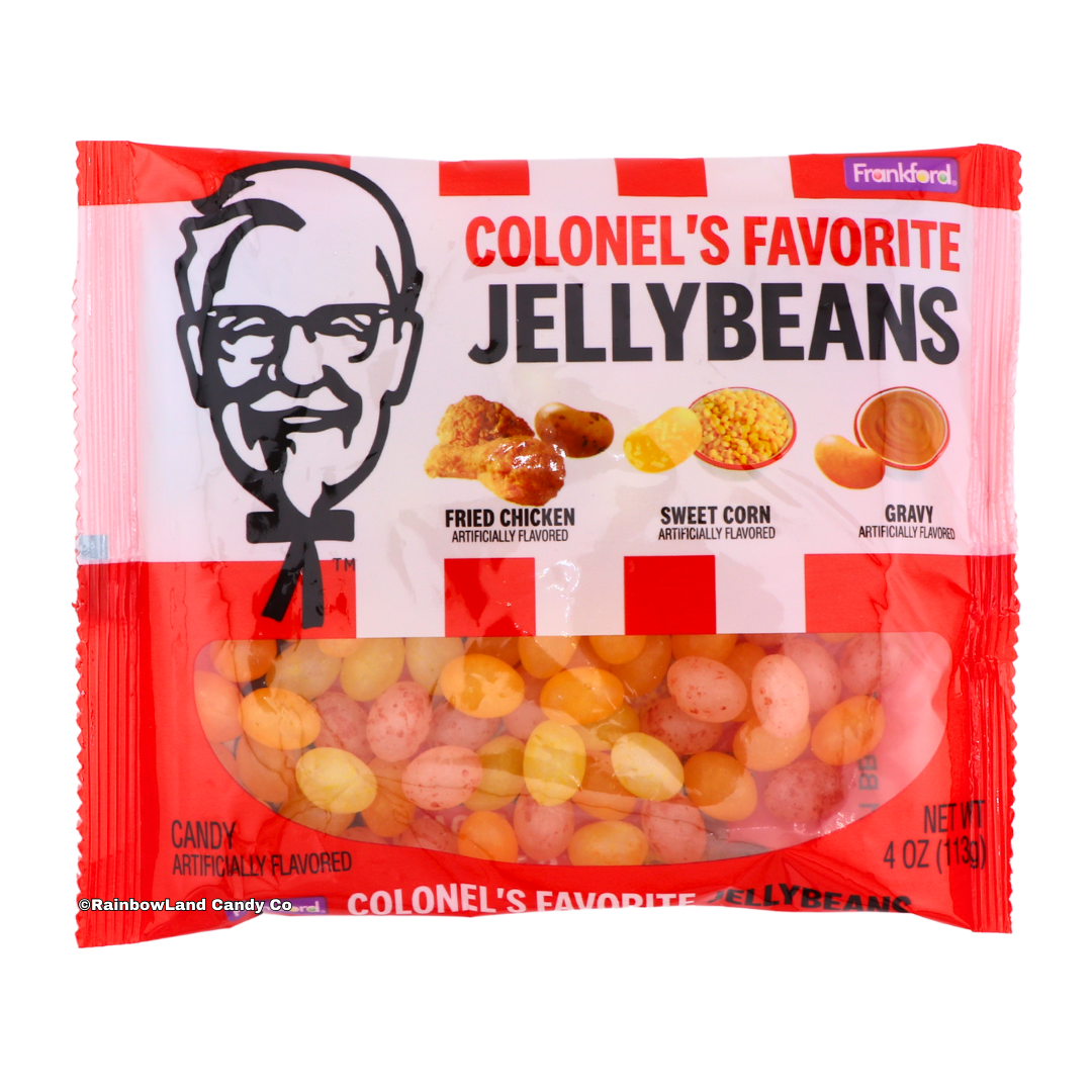 KFC Colonel’s Favorite Jellybeans candy bag by Frankford, red and white packaging with Colonel Sanders, novelty jellybeans flavored fried chicken, sweet corn, and gravy, 4 oz.